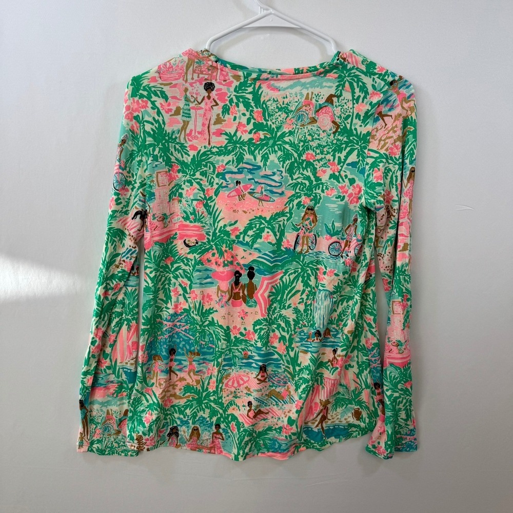 Lilly Pulitzer Etta V-Neck Top XS Kaduwela Beach Scene Long Sleeve Pink Green - Picture 4 of 9
